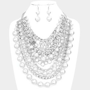 Rhinestone Pearl Charms Chain Bib Necklace Set